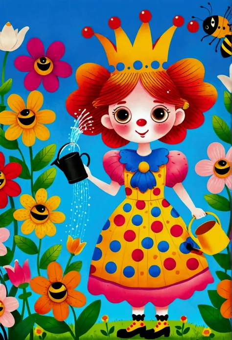 Cartoon clown queen watering flowers with watering can, Colorfull illustration, Color illustrations, Colorful book illustration, Full color illustrations, coronation of Flower Prince, bee，honeycomb，Coloring Pages, Drawn in a whimsical style, Color illustra...