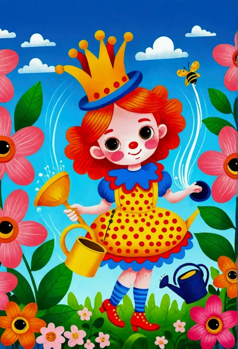 Cartoon clown queen watering flowers with watering can, Colorfull illustration, Color illustrations, Colorful book illustration, Full color illustrations, coronation of Flower Prince, bee，honeycomb，Coloring Pages, Drawn in a whimsical style, Color illustra...