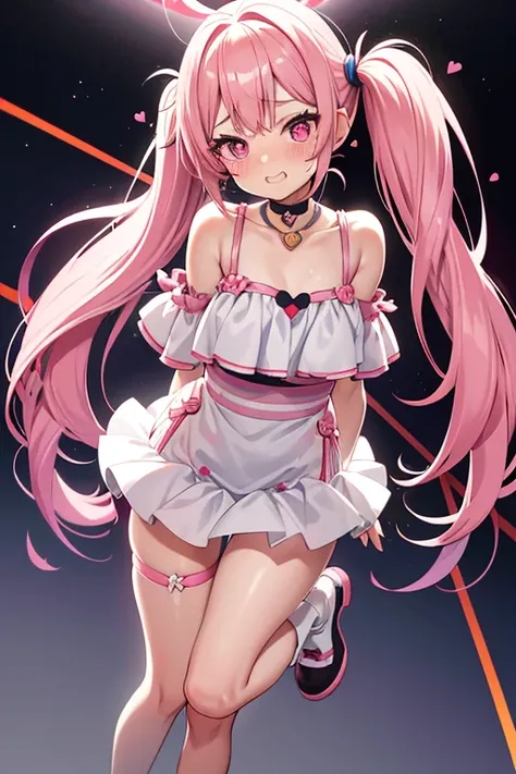 striped hair,pink twintail hair, Hello,  mole under eye, mole under mouth, heart shaped eyes, long eyelashes, pink eyes, heart shaped choker、Full body Esbian、look at the audience、shy, blush, teeth, ear blush, nose blush,anime style, color field paint, ray ...