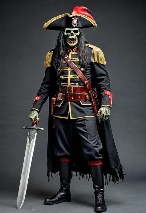 chief zombie, black military uniform, chief hat and long hair male, blood in mouth, realistic, full body, sword handle,