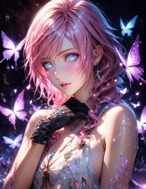 absurdres, highres, ultra detailed, HDR, master piece, detailed face, detailed eyes, Claire Farron, pink wavy hair, expressive light aqua eyes, white clothes, purple butterflies, Lightning Farron, woman, black gloves, best quality, Final Fantasy XIII, solo...