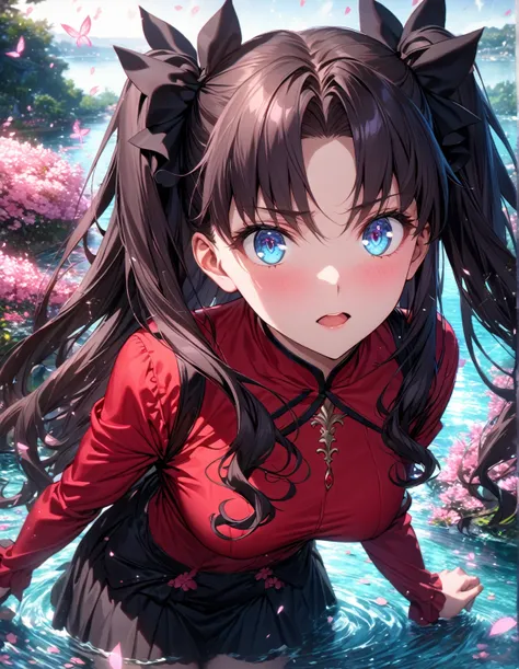 absurdres, highres, ultra detailed, HDR, master piece, best quality, extremely detailed, detailed eyes, detailed face, Tohsaka Rin, black hair, expressive blue eyes, Fate Grand Order, solo, woman, beautiful, red shirt, black skirt, water, glittering pink b...