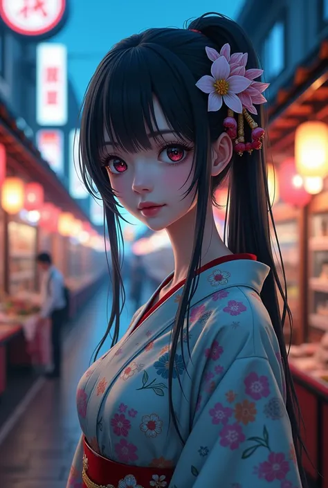 A beautiful woman wearing a yukata in the bustling town of Gintama, Surrounded by sellers, Beautiful portrait of a stunning goddess girl, Beautifully detailed face, Porcelain-white skin, Half Body Shot, Centered,(He is black,belly button:1.2),((moonlight,n...