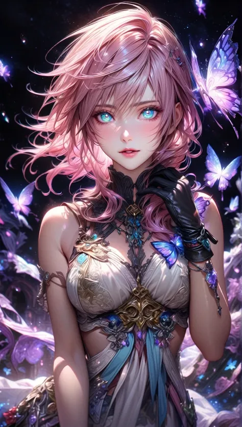 absurdres, highres, ultra detailed, HDR, master piece, detailed face, detailed eyes, Claire Farron, pink wavy hair, expressive light aqua eyes, white clothes, purple butterflies, Lightning Farron, woman, black gloves, best quality, Final Fantasy XIII, solo...