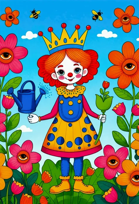 cartoon clown queen watering flowers with watering can, colorfull illustration, color illustrations, colorful book illustration,...