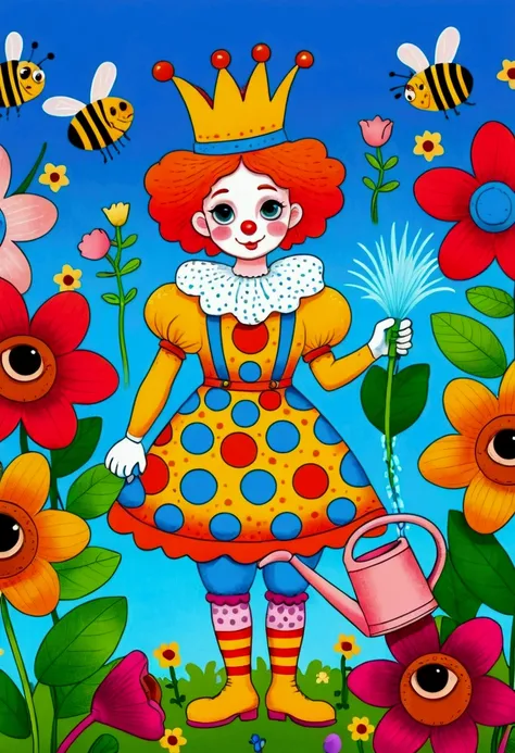 cartoon clown queen watering flowers with watering can, colorfull illustration, color illustrations, colorful book illustration,...