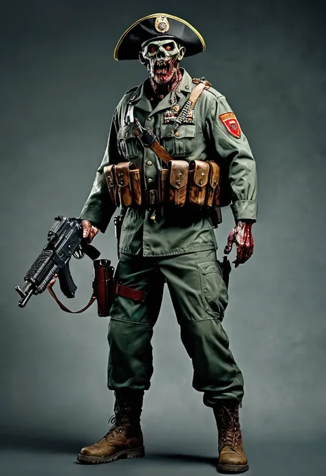 Commander chief zombie, commando uniform, chief hat, blood in mouth, realistic, full body, shot gun weapon handle,