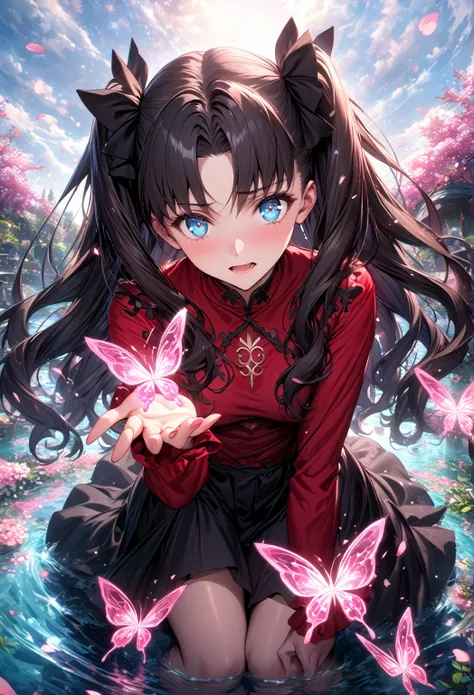 absurdres, highres, ultra detailed, HDR, master piece, best quality, extremely detailed, detailed eyes, detailed face, Tohsaka Rin, black hair, expressive blue eyes, Fate Grand Order, solo, woman, beautiful, red shirt, black skirt, water, glittering pink b...