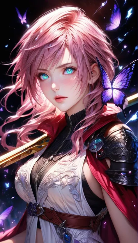 absurdres, highres, ultra detailed, HDR, master piece, detailed face, detailed eyes, Claire Farron, pink wavy hair, expressive light aqua eyes, white clothes, purple butterflies, Lightning Farron, woman holding a sword, black gloves, best quality, Final Fa...