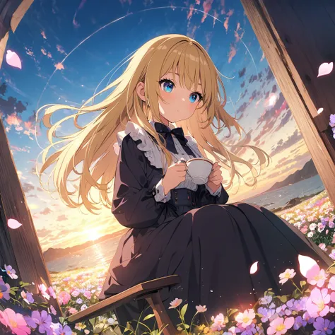 (masterpiece: 1.2), (Very detailed: 1.2), (Very detailed CG: 1.2), (high quality: 1.2), (最high quality), 8k, Anime illustration,far and near method, Fisheye Shot, Ultra Wide Angle,  Flower Field、Girl sitting on the center chair、Gothic black clothing、blonde...