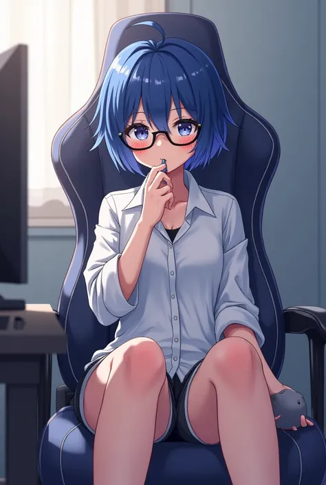 Girl sucking penis, anime, ahegao, hentai, Flat chest, thick thighs, short hair reaching the shoulder, messy hair, blue hair, nasa loose shoulder shirt sample, front view, loose shorts almost falling down, sitting in a gamer chair, intellectual glasses, le...