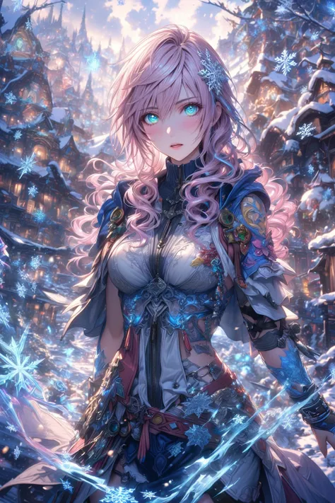 absurdres, highres, ultra detailed, HDR, master piece, detailed face, detailed eyes, Claire Farron, pink wavy hair, expressive light aqua eyes, white clothes, blue powers, Lightning Farron, woman, best quality, Final Fantasy XIII, solo, fantasy, magical, s...