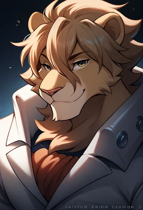 a lion, in suit, Hairstyle (Pompadour), stopped, night low lighting, bottom,Smiling, smiling, Looking at viewer, detailed youthful face, ojos detailed, detailed, takes medium body, High quality, 4k.