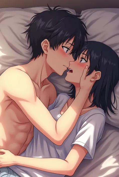 Girl having oral sex with her boyfriend, above the bed, anime hentai