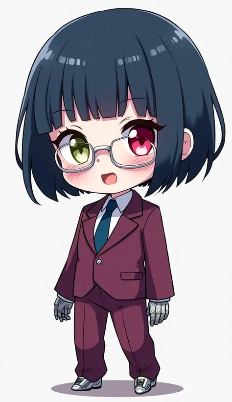 dark blue bob、internal staining （Purple red）、 different color eyes （Left red、Right olive green） 、wear glasses （silver frame）、Some mechanical parts are exposed on the face and feet、Purple red套裝配深藍色領帶、Female dealer in neutral dress、anime style、Q version、whol...