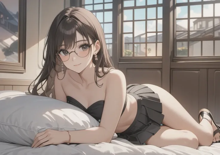 a woman with black pleated miniskirt, pink strapless cropped top, black eyes, brown skin, long wavy dark hair, wearing high heel sandals, lying on bed, cute smile, bedroom background, high quality, masterpiece, anatomically correct, detailed background, be...