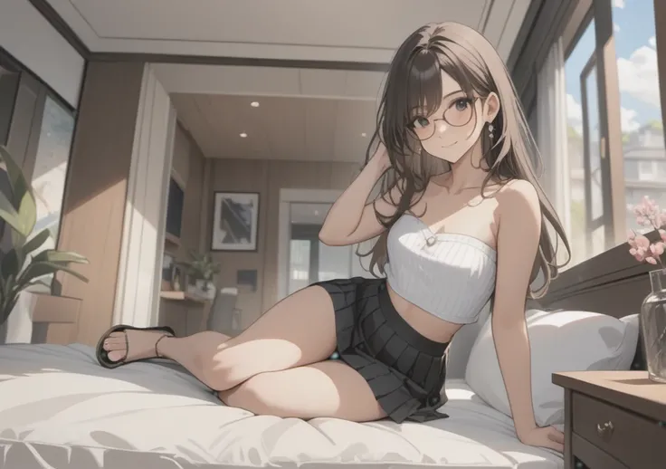 a woman with black pleated miniskirt, pink strapless cropped top, black eyes, brown skin, long wavy dark hair, wearing high heel sandals, lying on bed, cute smile, bedroom background, high quality, masterpiece, anatomically correct, detailed background, be...