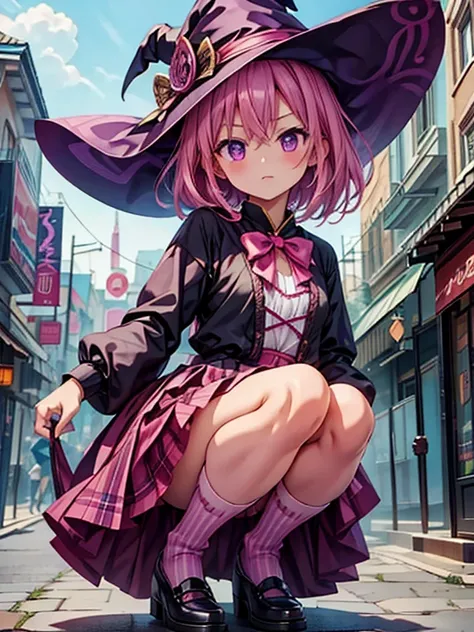 Cute witch girl full image。Pink medium hair、Purple eyes。Stripes々Patterned socks。Long skirt。