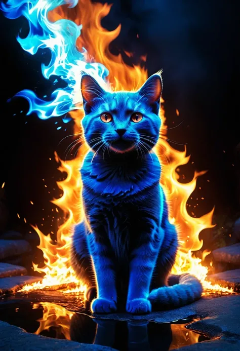 (RAW photo,best quality, realistic,photo-realistic:1.2), extremely detailed,8k wallpaper, Amazing,ultra-detailed,highres, (blue fire:1.2), silhouette, explosion, The flame is in the silhouette of a cat, realistic fire, cat, aura, animal focus, no humans, l...