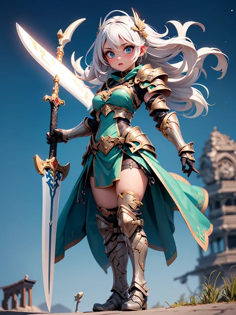 (((masterpiece, best quality, high detailed, 16k))) (1girl) A lithe and agile female warrior with short, silver hair that shines like the moon. Her eyes are bright and curious, one blue and one green, representing duality. She wears a light, flexible armor...