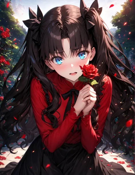 absurdres, highres, ultra detailed, HDR, master piece, best quality, extremely detailed, detailed eyes, detailed face, Tohsaka Rin, black hair, expressive blue eyes, Fate Grand Order, solo, woman, beautiful, red shirt, black skirt, glittering red butterfli...