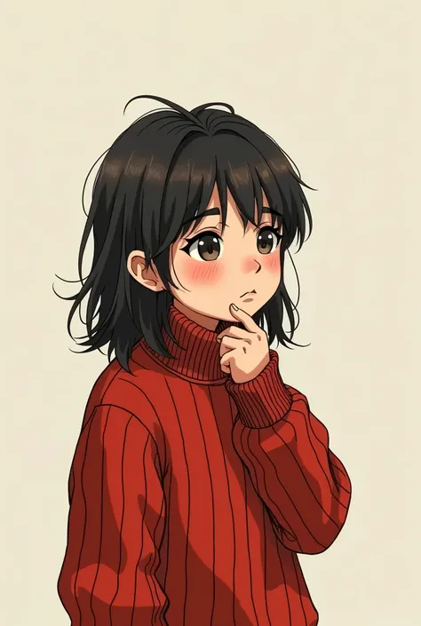 Create a drawing of a long-haired boy wearing a red sweater with black lines in a position 