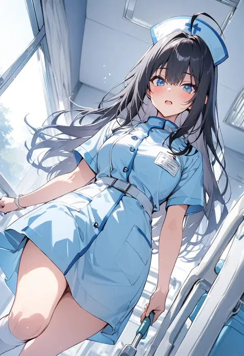 Blue Theme、Best Quality、Lower Angle、One Girl、hospital、nurse、Black Hair、Long Hair、Ahoge、Blue Eyes、