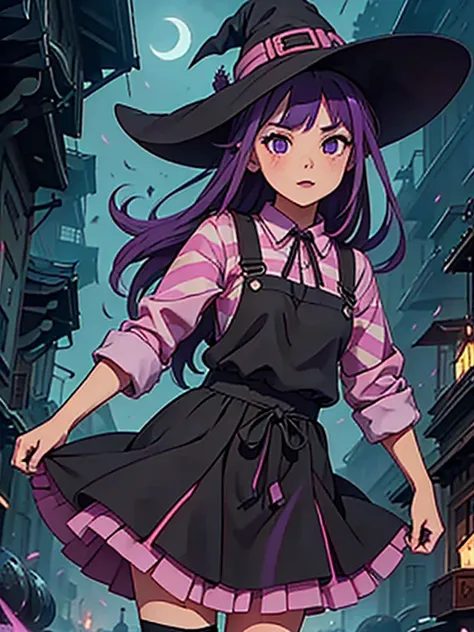 Overall image of a witch girl。The costume is black。Pink medium hair、Purple eyes。Stripes々Patterned socks。Long skirt。