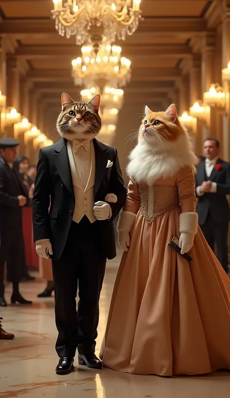 “A highly realistic image of the same two cats from the previous scenes, a male Shorthair cat (Jack) and a female Persian cat (Rose), standing in front of an elegant ballroom on the Titanic. The male cat, Jack, is dressed in a formal dinner jacket and trou...