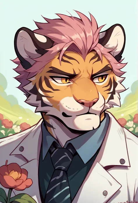 a juvenile tiger, hairstyle (mane), in white suit, while holding a daffodil, on the face in the middle of a field of flowers beh...