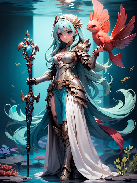 (((masterpiece, best quality, high detailed, 16k))) (1girl) A serene female warrior with long, flowing aquamarine hair and deep, tranquil blue eyes. Her armor is made of shimmering scales, reflecting the colors of the ocean. She carries a staff adorned wit...