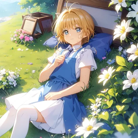 One girl, Alice, Alone, blue eyes, Blonde Hair, blue hair bow, Long Hair, Puff short sleeves, White apron, Blue Dress, white thighhighs小さな胸, sweat, (Glittering Skin), Highly detailed outdoor environments, Beautiful Face, A beautiful girl is having a comfor...