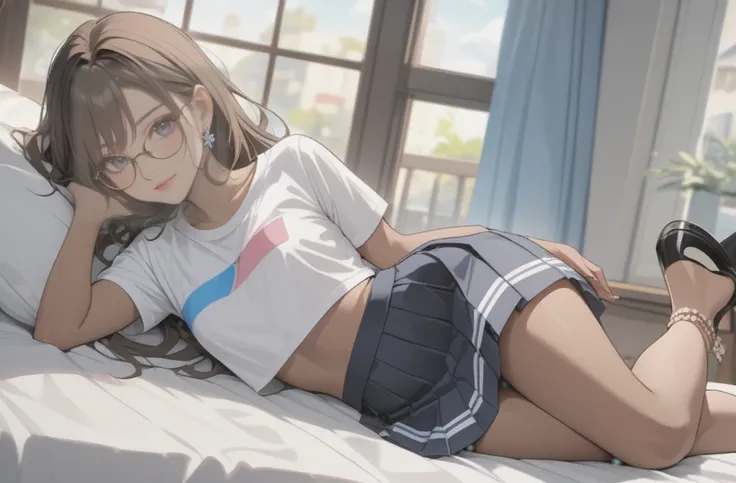 a woman with pleated skirt, cropped top, clothes with trans flag colors((pink white and blue)), black eyes, (((brown skin))), long wavy dark hair, wearing high heel sandals, lying on bed, cute smile, bedroom background, high quality, masterpiece, anatomica...