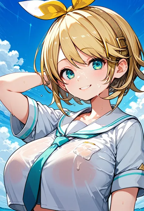 (Kagamine Rin:1.6),(Kagamine rin:1.6),(high quality,最high quality,8k,4K,High definition),(anime girl),(:1.6),(High school girl,JK,school uniform,pleated skirt,sailor uniform),(Voluptuous,glamorous),(gigantic breast),(upper body),(breast close-up),(sweaty,s...