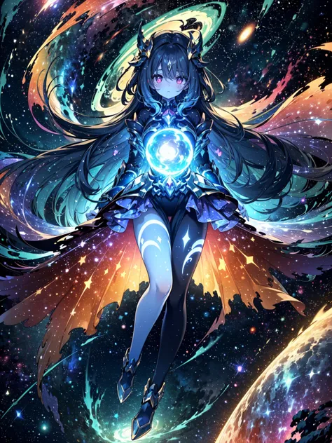 (((masterpiece, best quality, high detailed, 16k))) (1girl) A breathtaking cosmic goddess with a human-like female form, her body resembling the vastness of space itself. Her skin is a swirling tapestry of galaxies, nebulae, and stars, constantly shifting ...