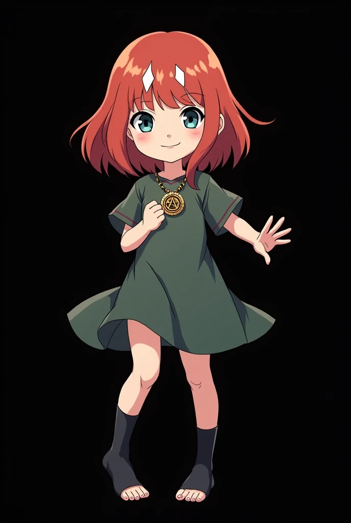 solo image, girl standing, full body child, old girl, character of "Naruto", medium hair, smooth, fire color, two white highlights in the front framing her face. blue-green eyes with black pupils, pale skin, a beautiful smile, fighting pose, pentagram neck...