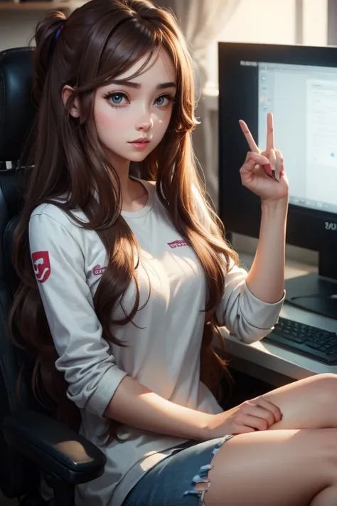 Female gamer girl, with brown long hair