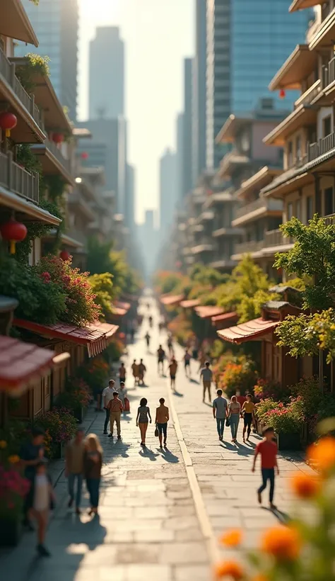 A detailed miniature photography style picture。Center of screen，An exquisite miniature city with a well-organized layout，The high-rise buildings and alleys appear both huge and delicate in the miniature perspective.。Sunlight through the clouds，Illuminate e...