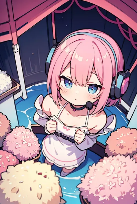 1 , Pink hair,short hair, Rice, blue eyes, headset, 