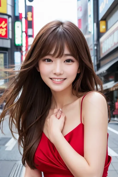 High resolution, Long Hair, bangs, Brown Hair、 2 woman、chest, Model from Tokyo、Height: 168cm、　Beautiful Face、smile、
Droopy eyes,  Red dress、Black heels、

