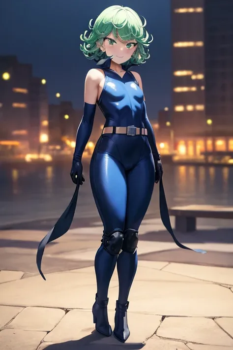 Masterpiece, best quality, ultra detailed, illustration, lighting epic, cinematic composition, 1 girl, Tatsumaki, short hair, green hair, very small breasts, green eyes, bright eyes, smiling, blushing, closed mouth, piercing gaze, full body, Black Collar, ...