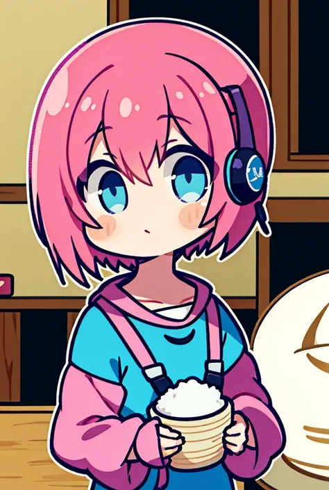 1 , Pink hair,short hair, Rice, blue eyes, headset, 