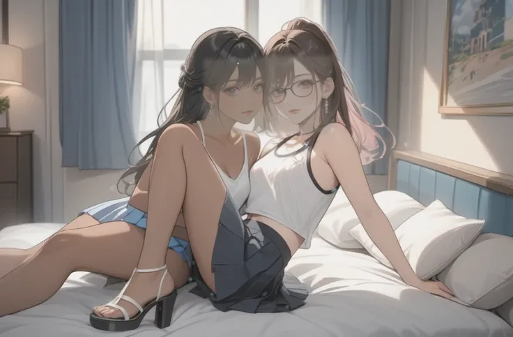 Two woman with pleated skirt, sleeveless top, clothes with trans flag colors((pink white and blue)), black eyes, (((both with brown skin))), long wavy black hair, wearing high heel sandals, both lying on bed, cute smile, bedroom background, high quality, m...