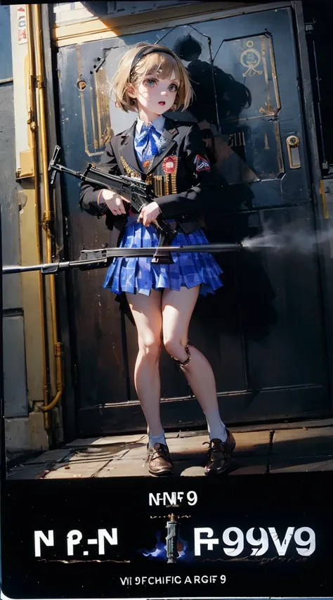 detailed background: (european street, Italy, old stone apartment), backstreets, cityscape, warm lighting, extremely beautiful blue sky, (((little girl in a school uniform is firing a submachine gun, she is smashing down the door into an apartment, door de...