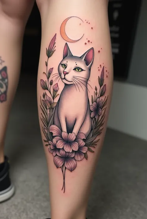 cat tattoo on leg with a moon on the cat&#39;s forehead and flowers around it