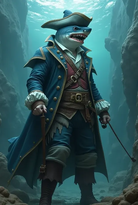 masterpiece、 Best Quality, Very detailed、8k、 High resolution, Fantasy、Shark Merman(Pirate outfit)、