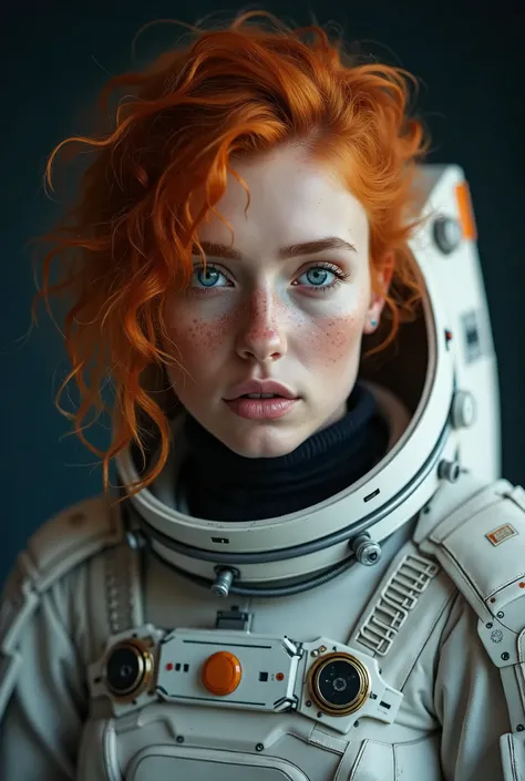 photo of a ginger woman, in space, futuristic space suit, (freckles:0.8) cute face, sci-fi, dystopian, detailed eyes, blue eyes