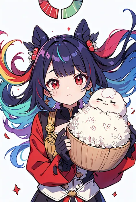 1 , Split bangs, rainbow hair, Rice, red eyes, Half-moon hair ornament, 