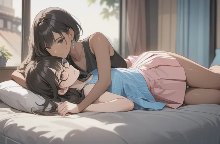 ((Two woman)) with pleated skirt, sleeveless top, clothes with trans flag colors((pink white and blue)), black eyes, (((both with brown skin))), long wavy black hair, wearing high heel sandals, both lying on bed, cute smile, bedroom background, high qualit...