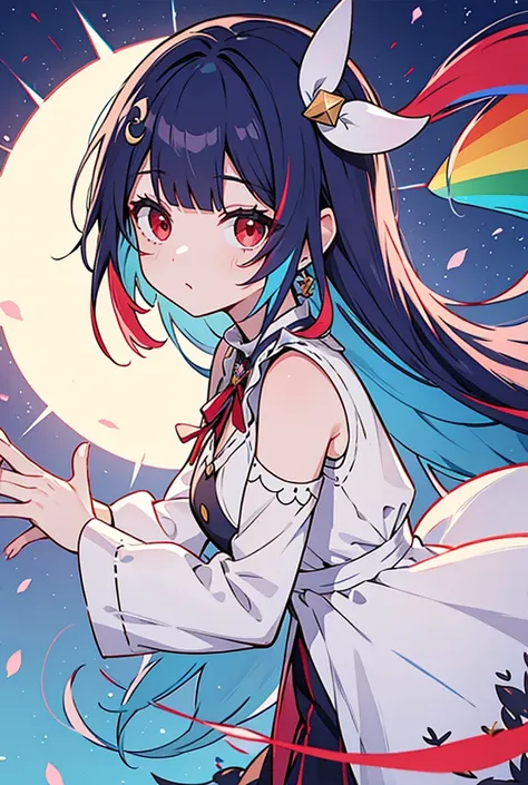 1 , Split bangs, rainbow hair, Rice, red eyes, Half-moon hair ornament, 